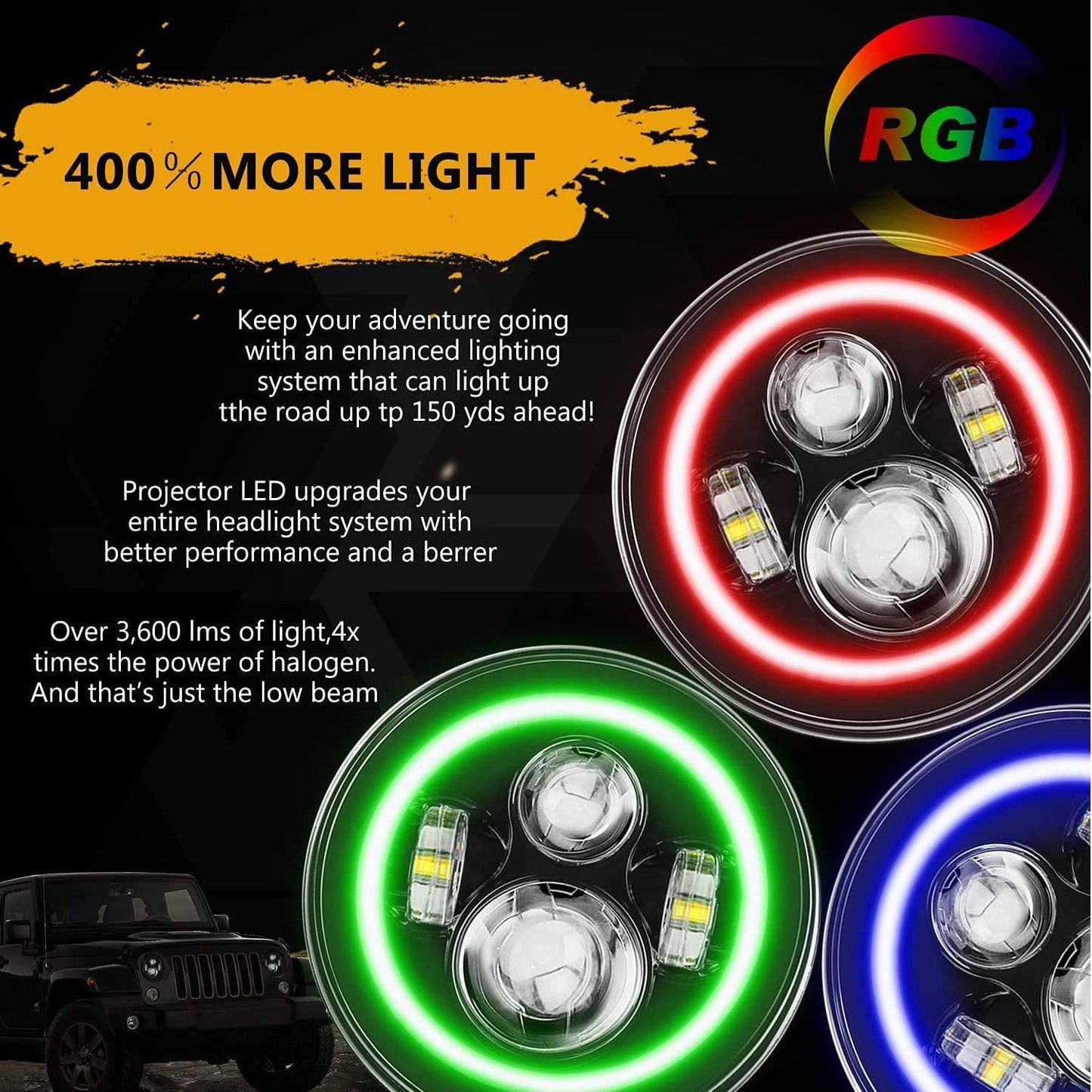 SUNPIE 7 Inch RGBW LED Halo Light Bulb IP67 Waterproof APP/Remote Control, 20 Color Changing Modes, Custom Colors, Music Mode, Voice Mode Compatible with JK/JKU 1997-2006 TJ LJ, 76-86 CJ