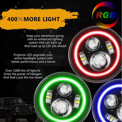 Sunpie 7 Inch Rgbw LED Halo Light Bulb Ip67 Waterproof Appremote Control 20 Color Changing Modes Custom Colors Music Mode Voice Compatible With Jkjku 19972006 Tj Lj 7686 Cj