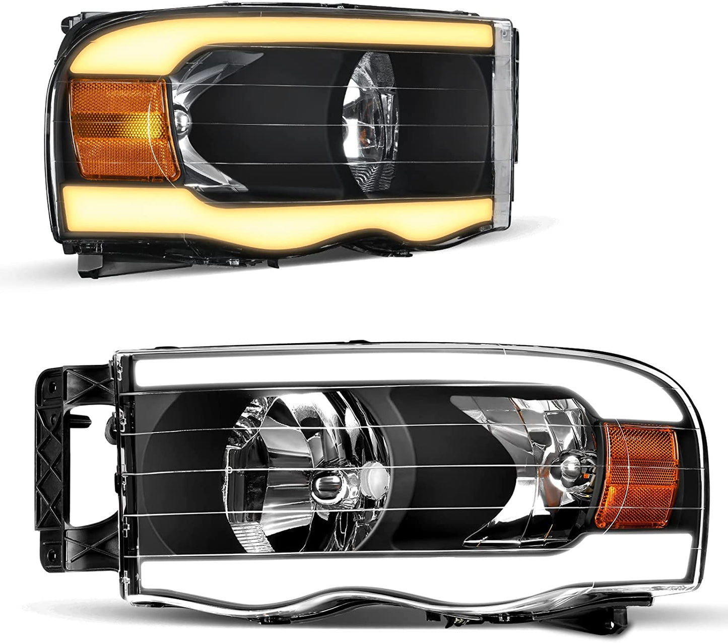 Headlights Assembly for 2002-2005 Dodge Ram Pickup Headlight Replacement Driving Light Chrome Housing Red Reflector Clear Lens