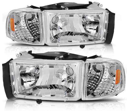 AUTOSAVER88 Headlight Assembly Compatible with 1994 1996 1997 1998 1999 2000 2001 2002 Dodge Ram 1500/2002 Dodge Ram Pickup 2500 3500 Black Housing Amber Reflector with Corner Lights