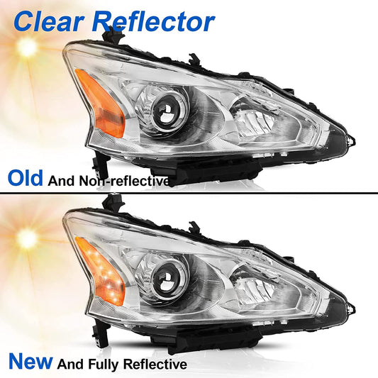 ALZIRIA Headlight Assembly Compatible with 2013-2015 Nissan Altima S/SL/SV, Only Fit 4-Door (Chrome Housing Amber Reflector)
