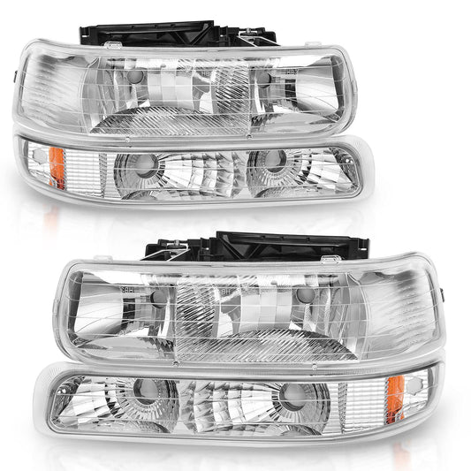 AUTOSAVER88 Headlight Assembly Compatible with 99-02 Chevy Silverado 1500 2500/01-02 Chevy Silverado 1500HD 2500HD 3500/00-06 Tahoe Suburban 1500 2500 Headlamp with Bumper Lights Chrome Housing Amber Reflector