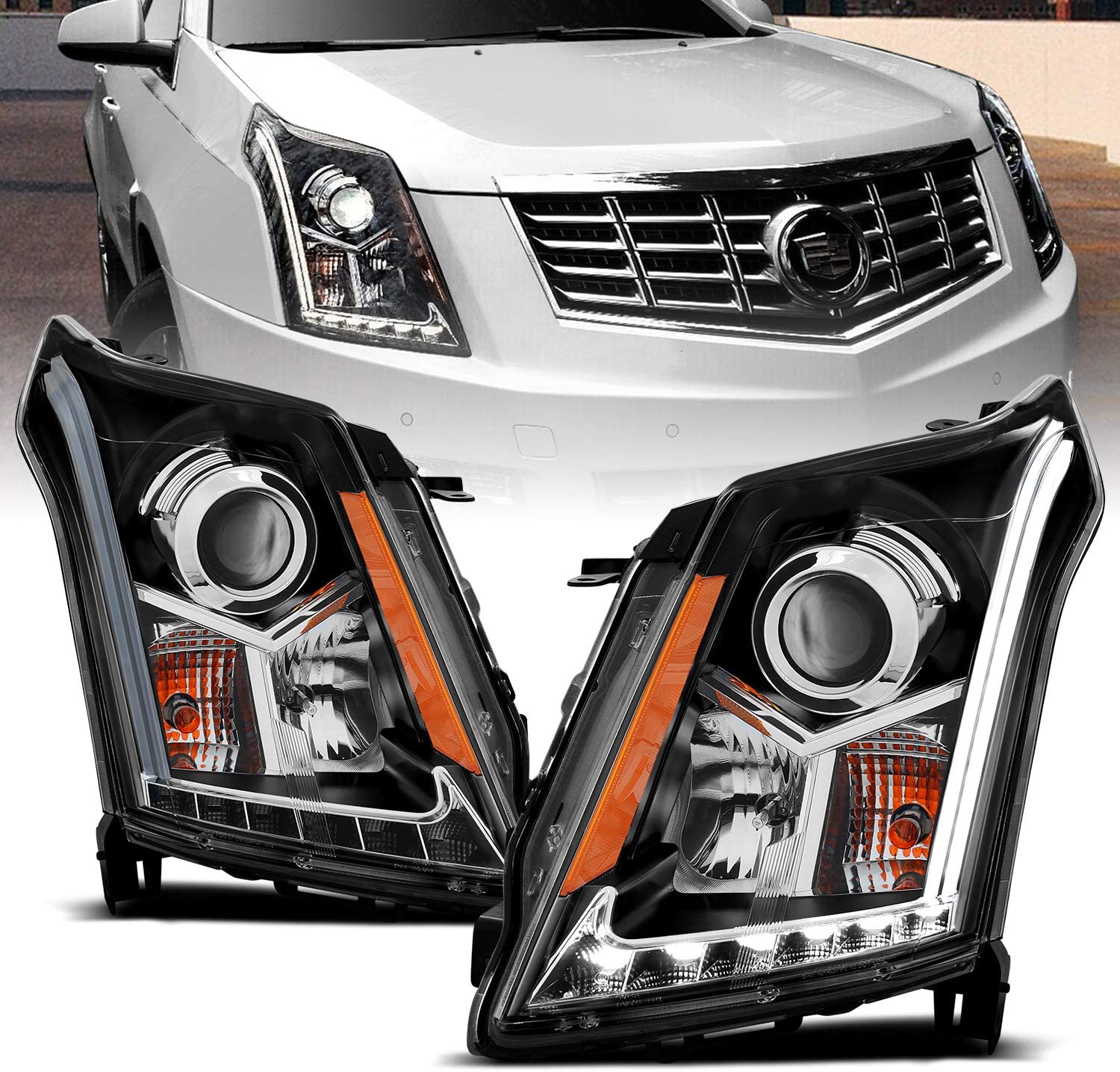 AmeriLite Chrome Projector Replacement Headlights & LED Boards for  2010-2016 Cadillac SRX, Version Only - Passenger and Driver Side