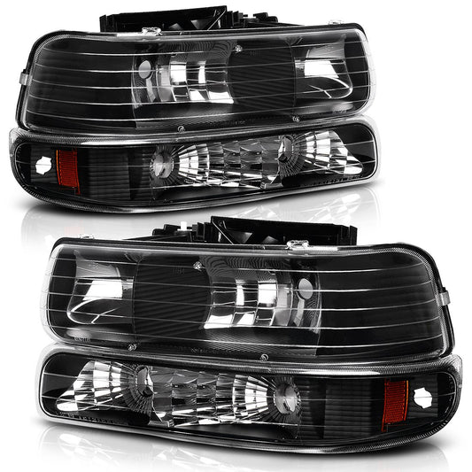 AUTOSAVER88 Headlight Assembly Compatible with 1999-2002 Chevy Silverado 1500 2500/2001-2002 Chevy Silverado 1500HD 2500HD 3500/2000-2006 Tahoe Suburban 1500 2500 Headlamp with Bumper Lights Black Housing Amber Reflector