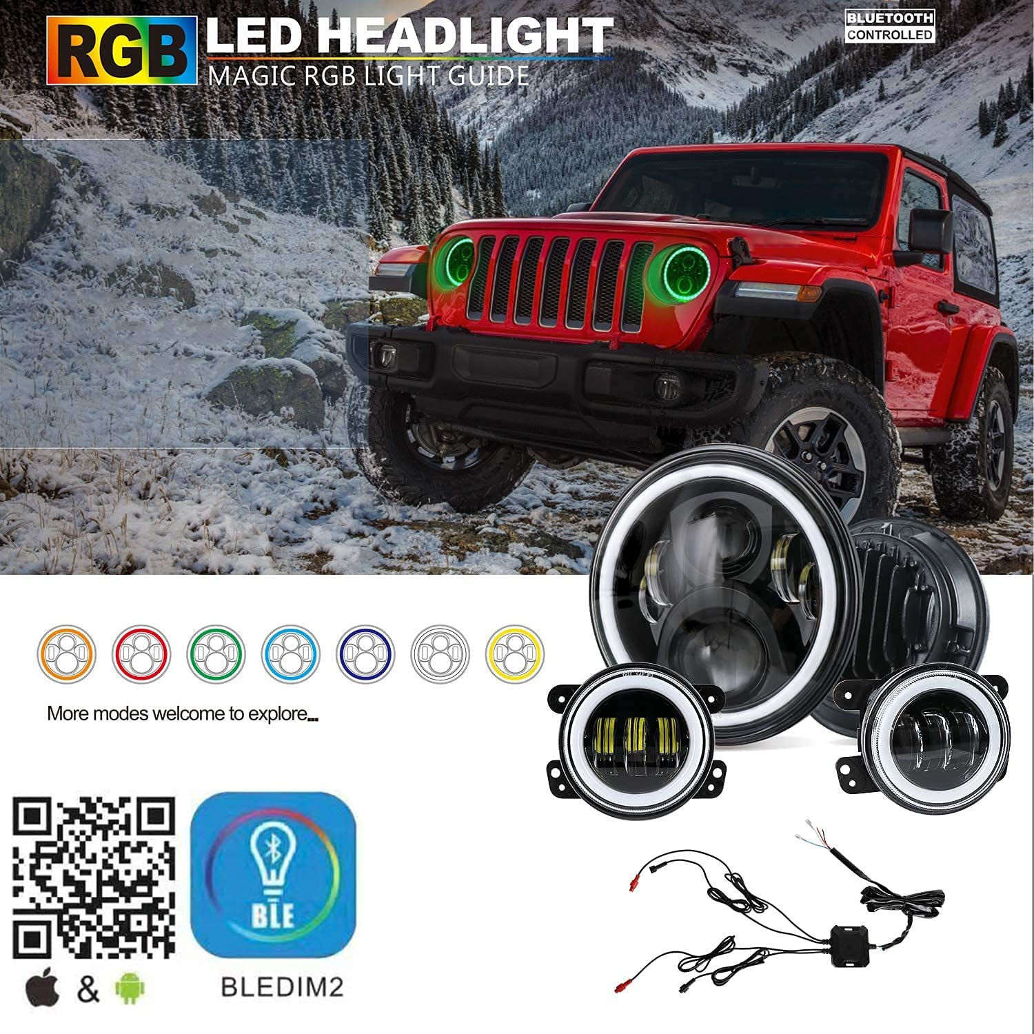 BEEYEO 7 Inch RGB Halo Headlights and Fog Lights Bluetooth Color Control  DOT Kits for 1997-2018 Jeep Wrangler JK JKU TJ LJ,w/ Halo Ring DRL and  Amber