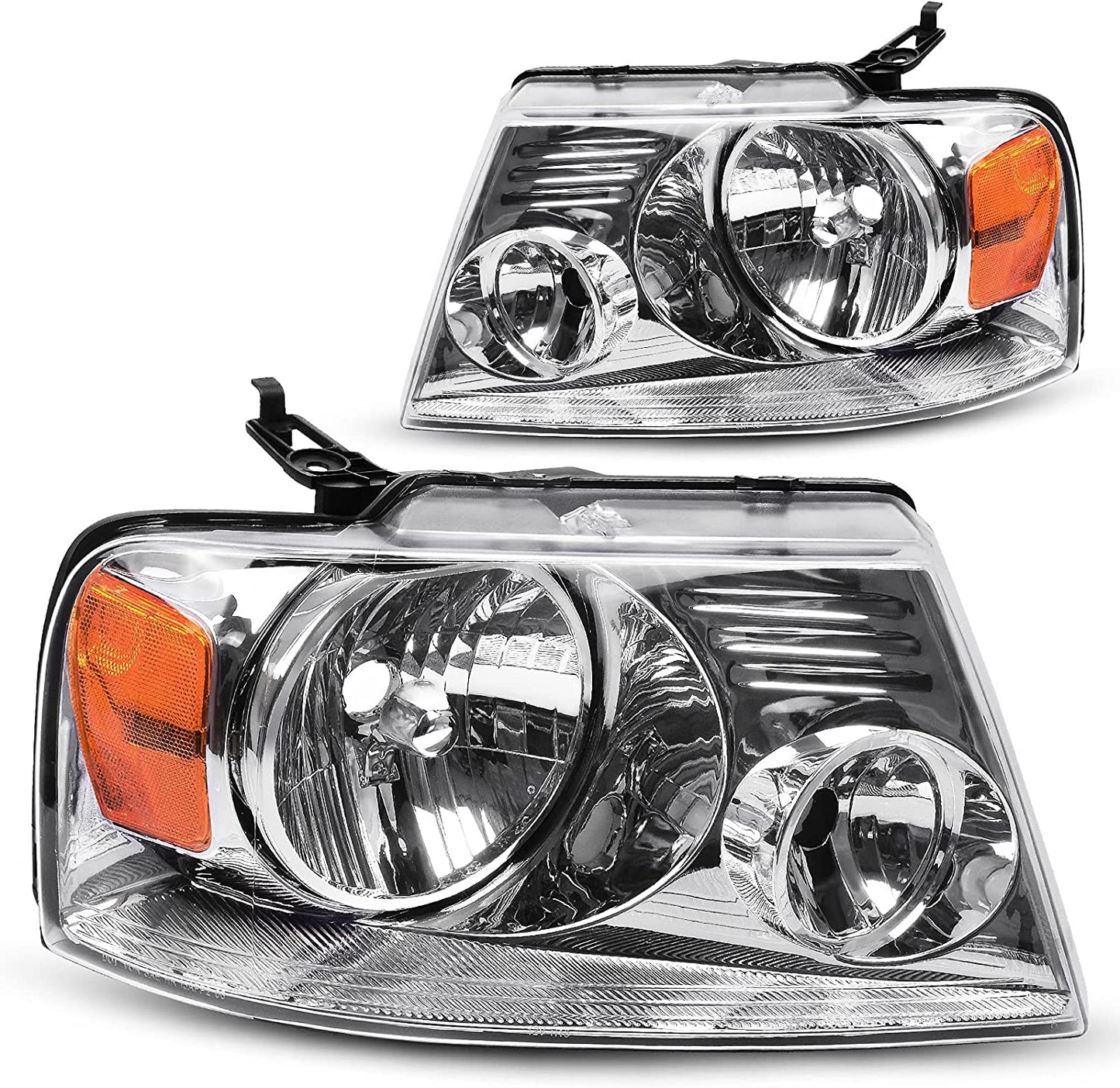 DWVO Headlight Assembly Compatible with 2004 2005 2006 2007 2008 Ford F150 Pickup Driver and Passenger Side Chrome Housing Amber Reflector