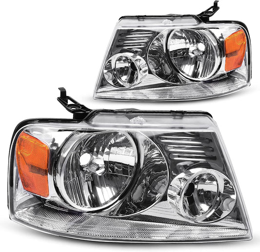 Dwvo Headlight Assembly Compatible With 2004 2005 2006 2007 2008 Ford F150 Pickup Driver And Passenger Side Chrome Housing Amber Reflector