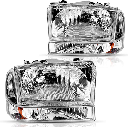 DWVO Headlight Assembly Compatible with Ford F-250 F-350 F-450 F-550 Super Duty Pickup Truck + Signal Lamps, Chrome Housing, Clear Lens, Amber Reflector