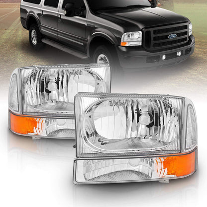 AmeriLite For Ford Super Duty F250 F350 F450 F550 | Excursion Chrome Factory Style Replacement Headlights w/Bumper Corner Set - Passenger and Driver Side