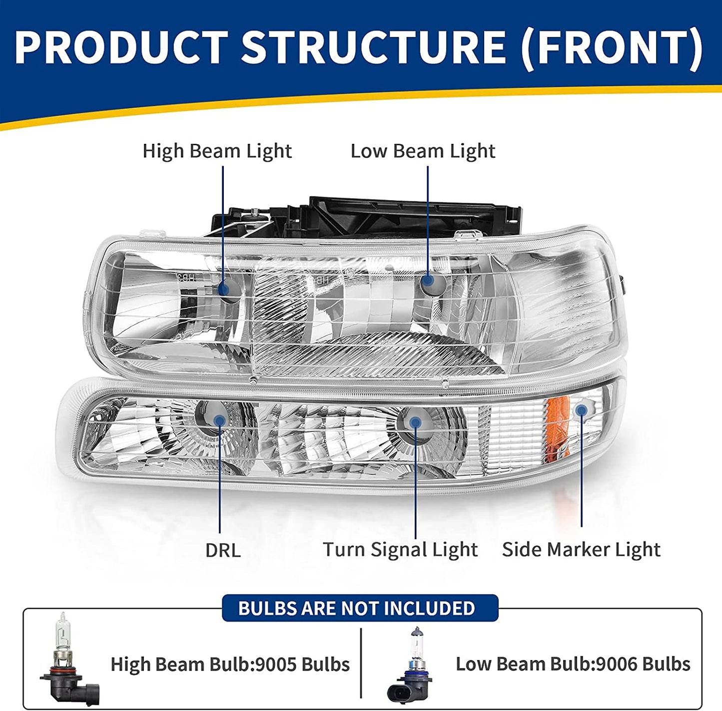 AUTOSAVER88 Headlight Assembly Compatible with 99-02 Chevy Silverado 1500 2500/01-02 Chevy Silverado 1500HD 2500HD 3500/00-06 Tahoe Suburban 1500 2500 Headlamp with Bumper Lights Chrome Housing Amber Reflector