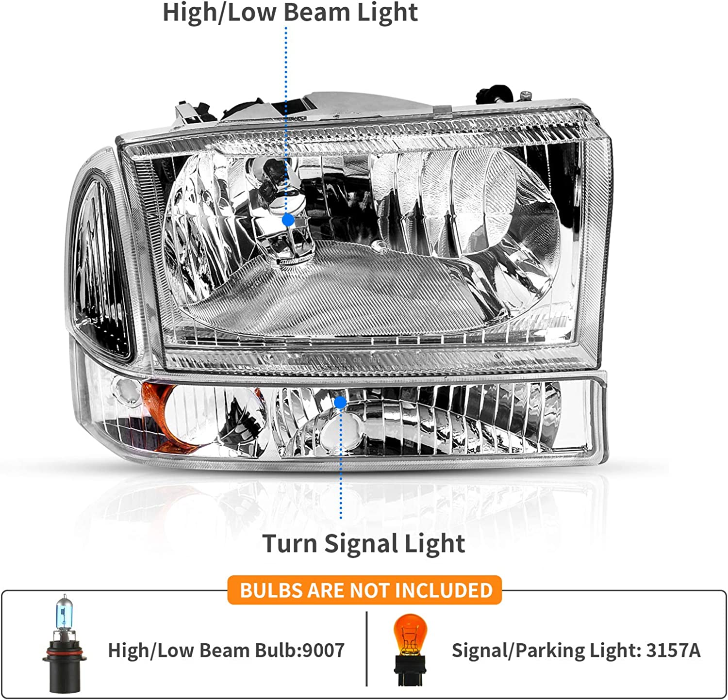 DWVO Headlight Assembly Compatible with Ford F-250 F-350 F-450 F-550 Super  Duty Pickup Truck + Signal Lamps, Chrome Housing, Clear Lens, Amber