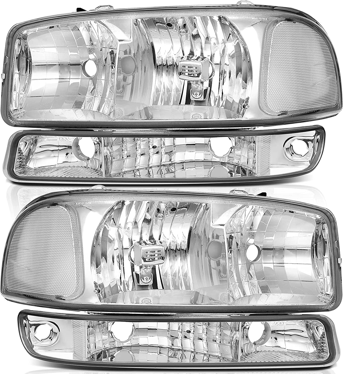 LBRST Headlight Assembly For GMC Sierra 1500 1999-2006 For GMC Sierra 1500 Classic 2007 For GMC Sierra 2500 1999-2004 Chrome Housing Clear Reflector Clear Lens Driver and Passenger Side Headlamp