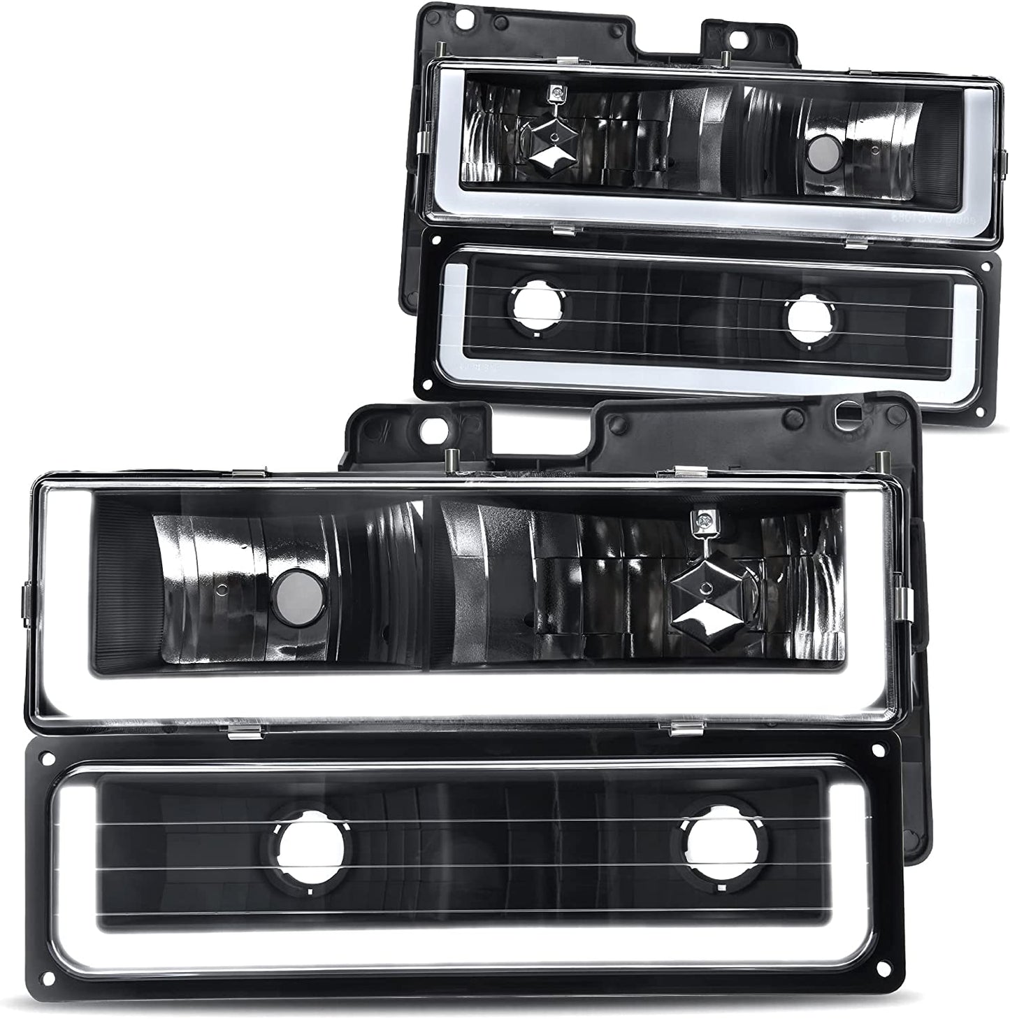 DWVO Headlight Assembly Compatible with 1994-1999 Chevy C/K Series 1500, 2500, 3500/Tahoe/Suburban/Silverado, w/Corner and Bumper Lights, Black Housing