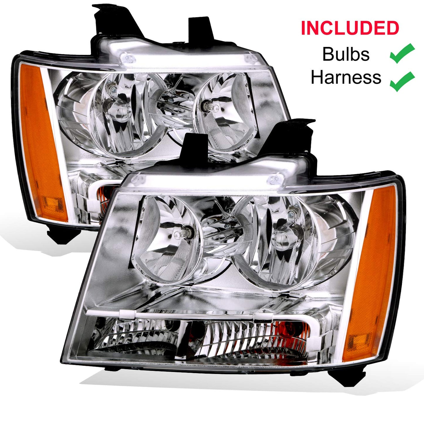 AmeriLite for Chevy 07-13 Tahoe/Suburban/Avalanche Factory Style Replacement Headlights Pair - Driver and Passenger Side Chrome Housing