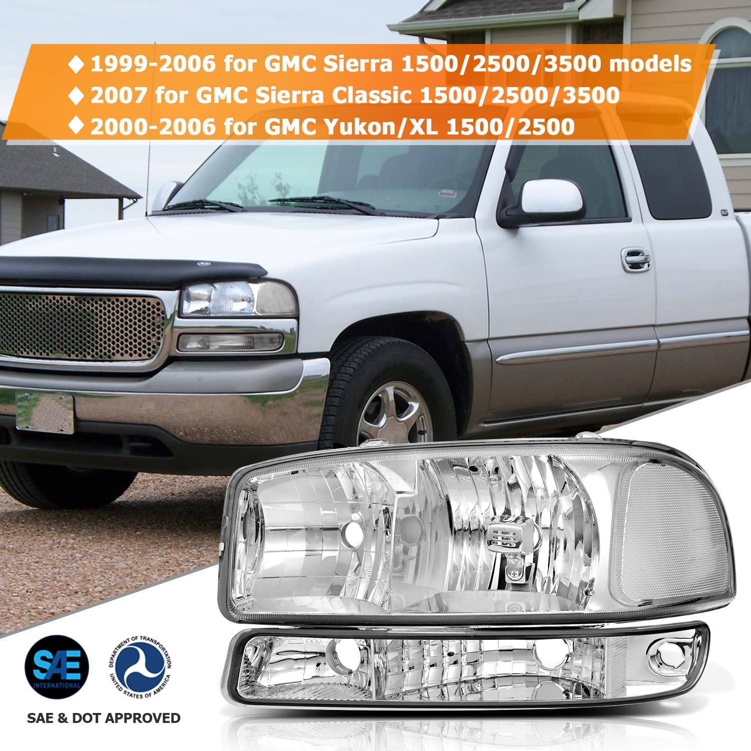 LBRST Headlight Assembly For GMC Sierra 1500 1999-2006 For GMC Sierra 1500  Classic 2007 For GMC Sierra 2500 1999-2004 Chrome Housing Clear Reflector 