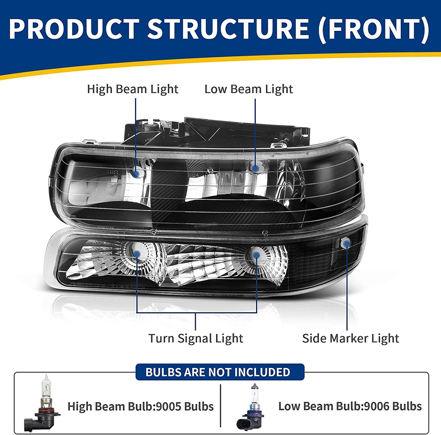 AUTOSAVER88 Headlight Assembly Compatible with 1999-2002 Chevy Silverado / 2000-2006 Tahoe Suburban Headlamp with Bumper Lights Black Housing Clear Reflector