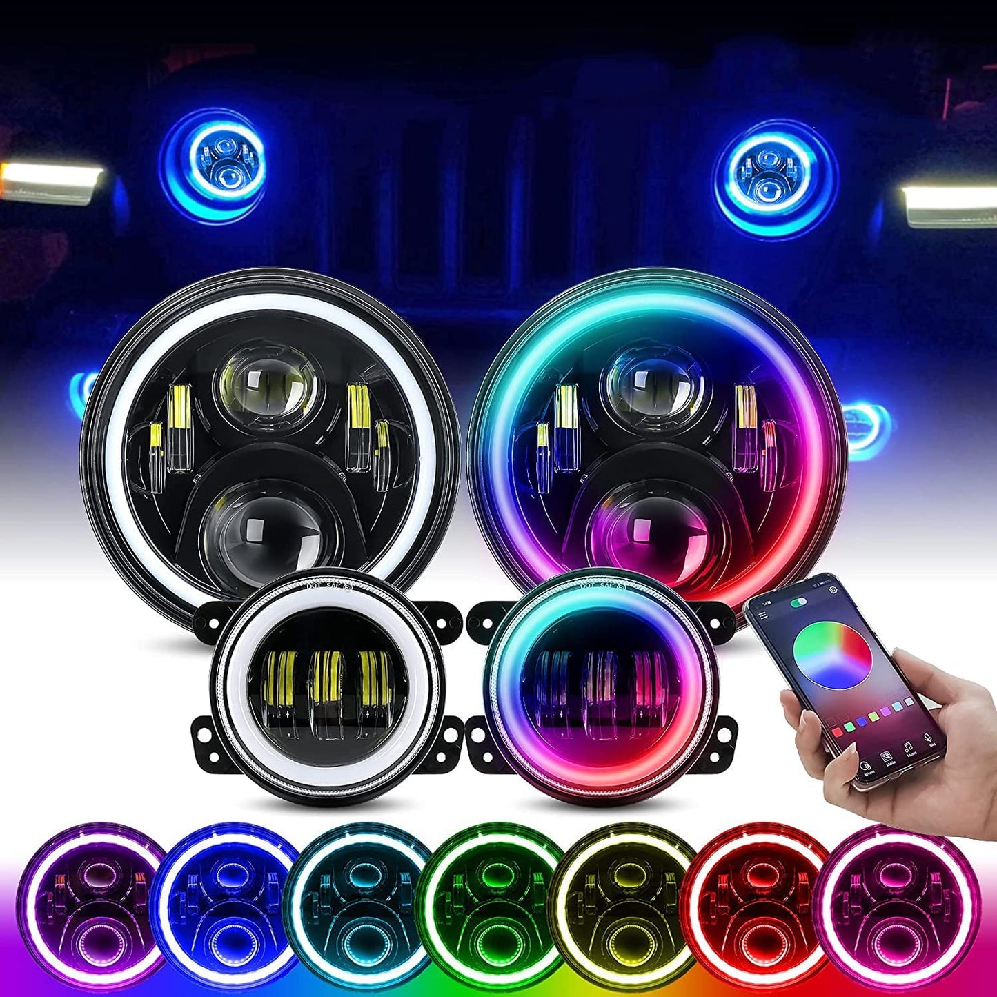 BEEYEO 7 Inch RGB Halo Headlights and Fog Lights Bluetooth Color Control DOT Kits for 1997-2018 Jeep Wrangler JK JKU TJ LJ,w/ Halo Ring DRL and Amber Turn Signal ,Hi/Lo Beam Multi-color