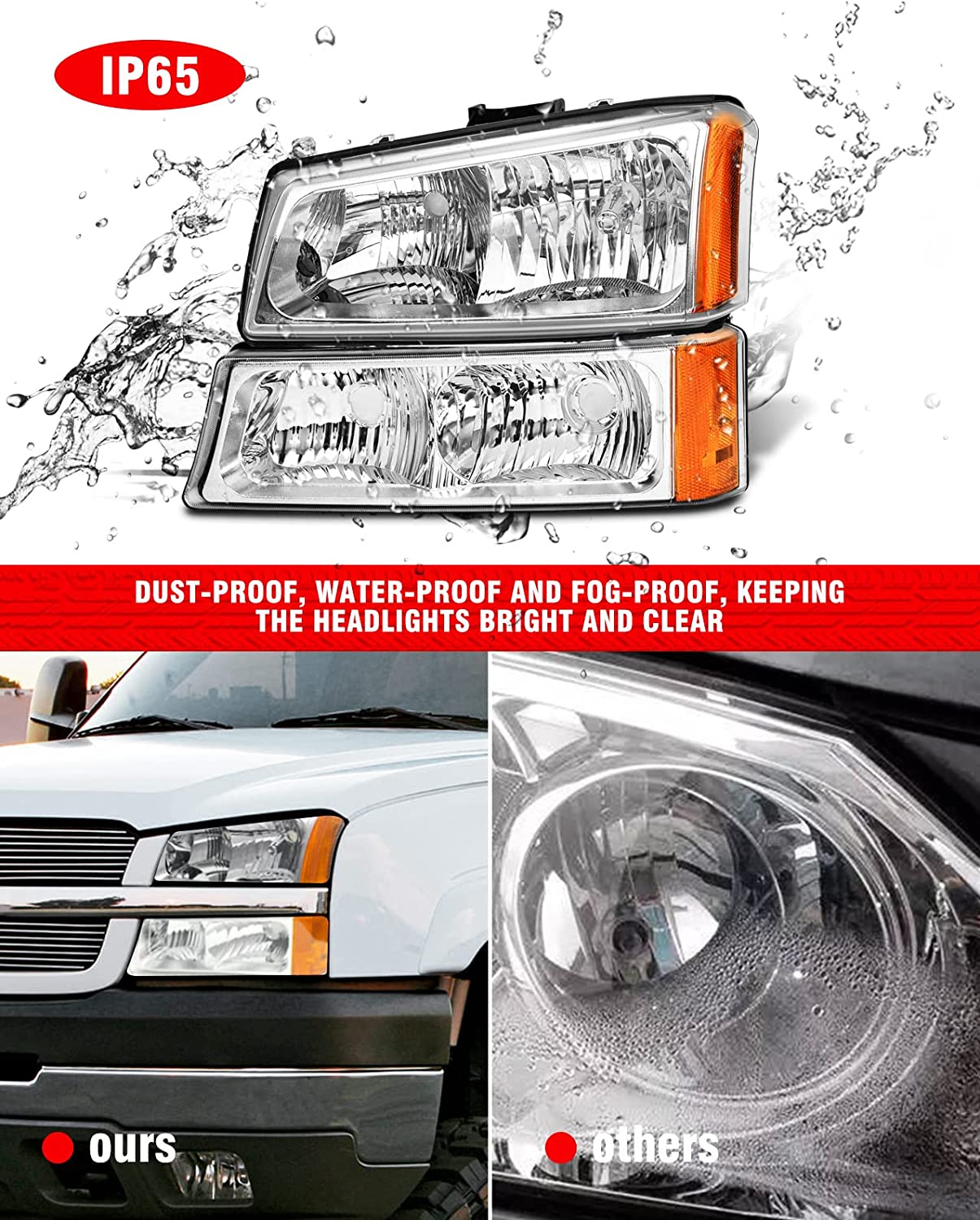 ADCARLIGHTS 2003-2006 Silverado Headlight Assembly for 2003-2006 Chevy  Silverado Avalanche 1500/2500/3500 Clear Chrome Lens with Amber Reflector 