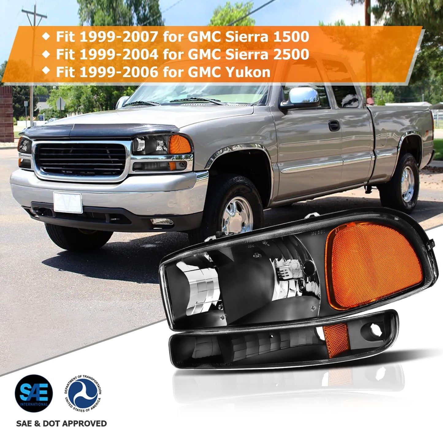 LBRST Headlight Assembly For GMC Sierra 1500 1999-2006 For GMC Sierra 1500 Classic 2007 For GMC Sierra 2500 1999-2004 Black Housing Amber Reflector Clear Lens Driver and Passenger Side Headlamp
