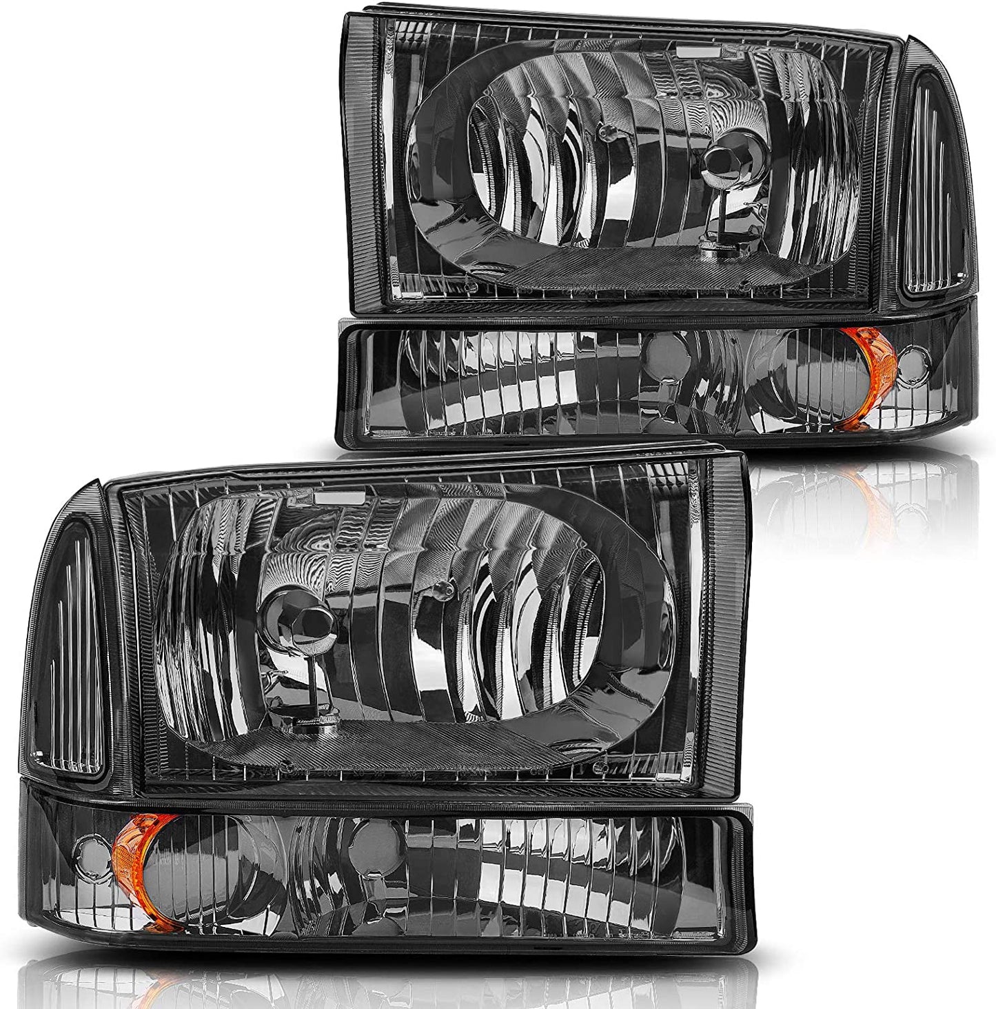 DWVO Headlight Assembly Compatible with Ford F-250 F-350 F-450 F-550 Super Duty Pickup Truck + Signal Lamps, Chrome Housing, Clear Lens, Amber Reflector