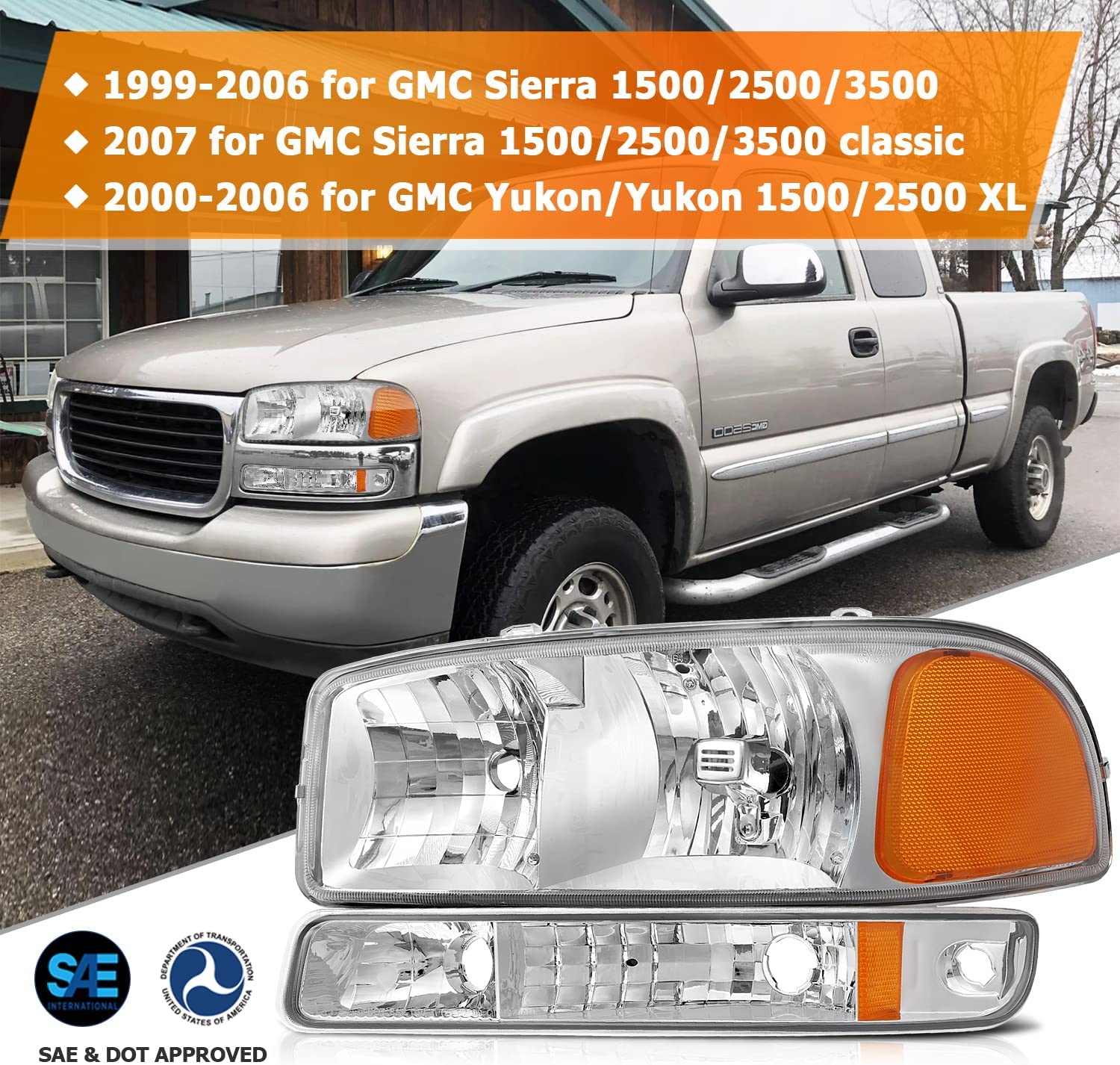 LBRST Headlight Assembly For GMC Sierra 1500 1999-2006 For GMC Sierra 1500  Classic 2007 Chrome Housing Amber Reflector Clear lens Driver and Passenger 