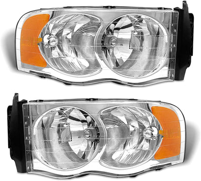 Adcarlights 20022005 Dodge Ram Headlight Assembly For 1500 2500 3500 20032005 Clear Chrome Lens With Amber Reflector Replacement Left Right