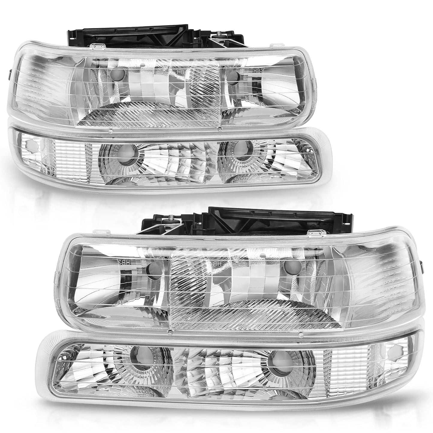 AUTOSAVER88 Headlight Assembly Compatible with 1999-2002 Chevy Silverado / 2000-2006 Tahoe Suburban Headlamp with Bumper Lights Black Housing Clear Reflector Chrome Housing Clear Reflector
