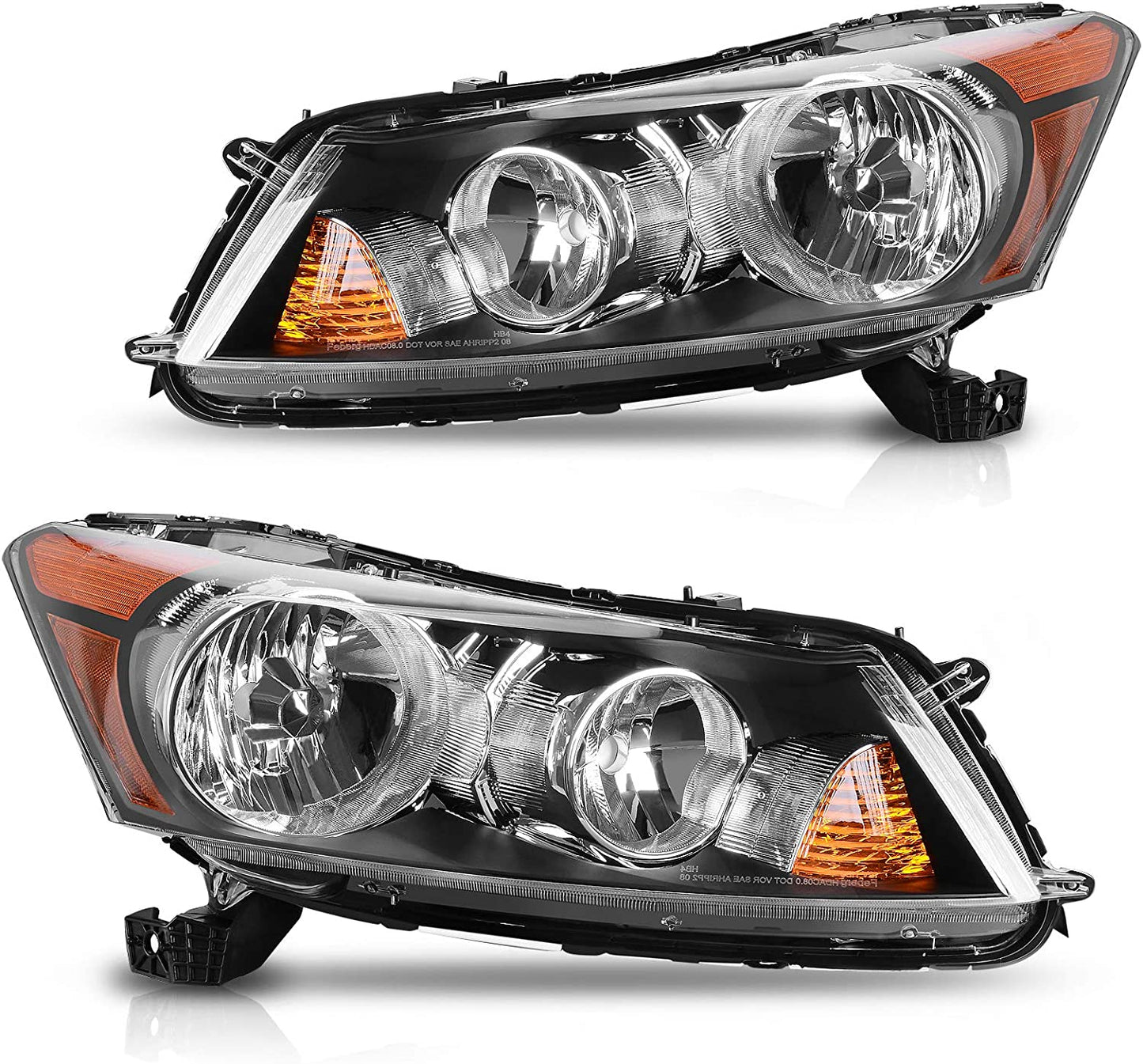 DWVO Headlight Assembly Compatible with 08-12 Accord 4-Door Sedan 2008 2009 2010 2011 2012 Black Housing Clear Lens Amber Reflector
