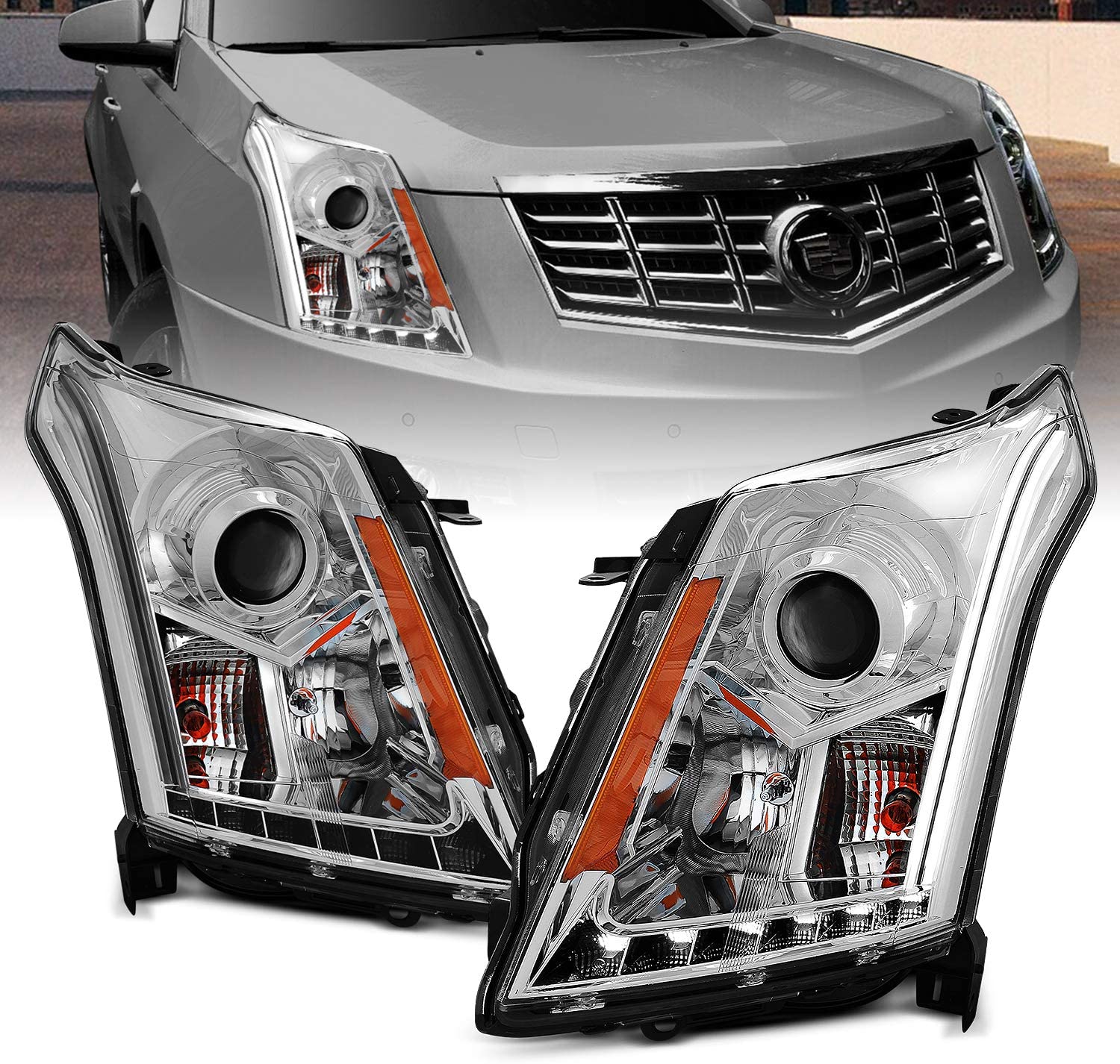 AmeriLite Chrome Projector Replacement Headlights & LED Boards for  2010-2016 Cadillac SRX, Version Only - Passenger and Driver Side