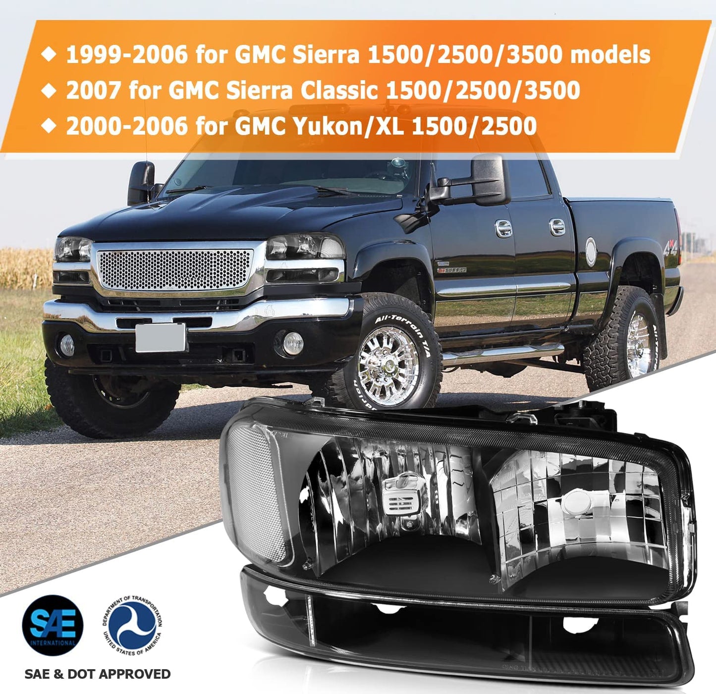 LBRST Headlights Assembly For 1999-2006 GMC Sierra 1500 For 2007-2007 GMC Sierra 1500 Classic Black Housing Clear Reflector Clear Lens Driver & Passenger Side