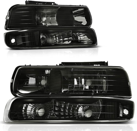 AUTOSAVER88 Headlights Assembly Compatible with 1999-2002 Chevy Silverado / 2000-2006 Tahoe Suburban Headlamp with Bumper Lights Smoke Lens Clear Reflector