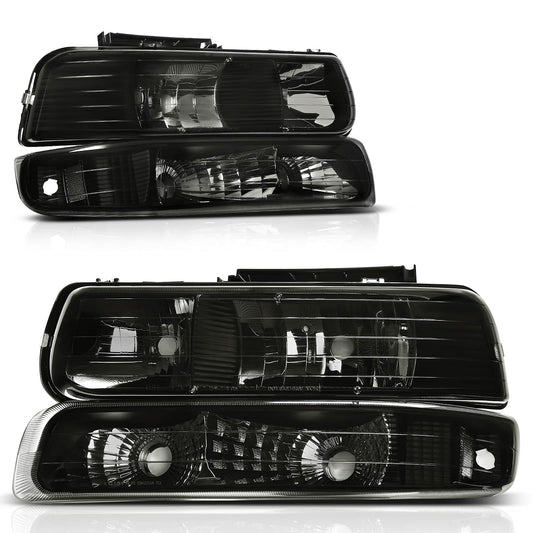 AUTOSAVER88 Headlights Assembly Compatible with 1999-2002 Chevy Silverado / 2000-2006 Tahoe Suburban Headlamp with Bumper Lights Smoke Lens Clear Reflector