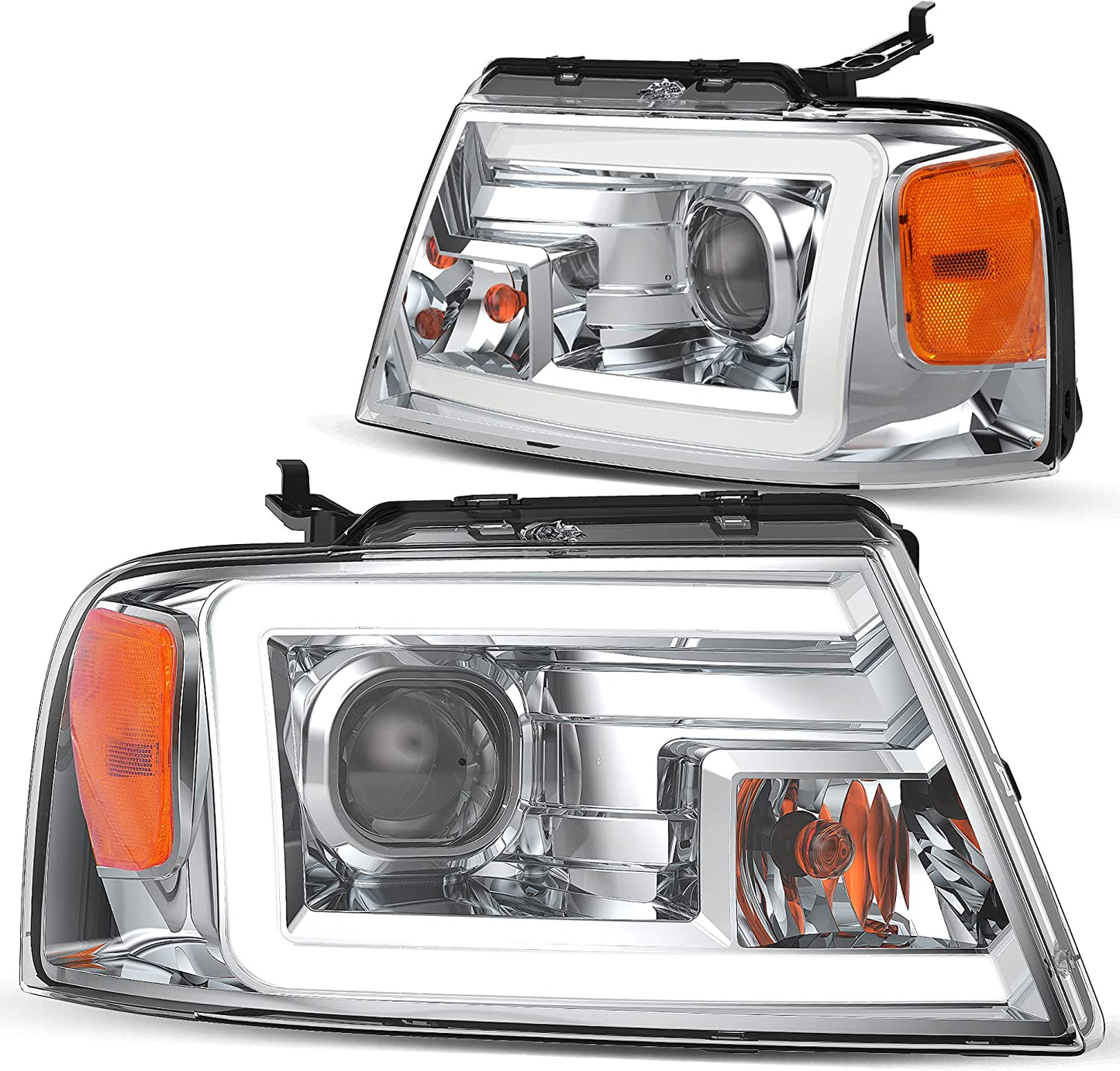 DWVO Headlight Assembly Compatible with 2004 2005 2006 2007 2008 Ford F150 Pickup Driver and Passenger Side Chrome Housing Amber Reflector