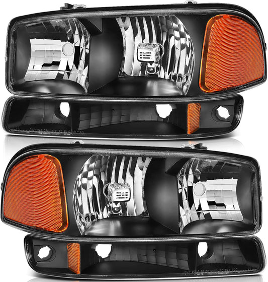 LBRST Headlight Assembly For GMC Sierra 1500 1999-2006 For GMC Sierra 1500 Classic 2007 For GMC Sierra 2500 1999-2004 Black Housing Amber Reflector Clear Lens Driver and Passenger Side Headlamp